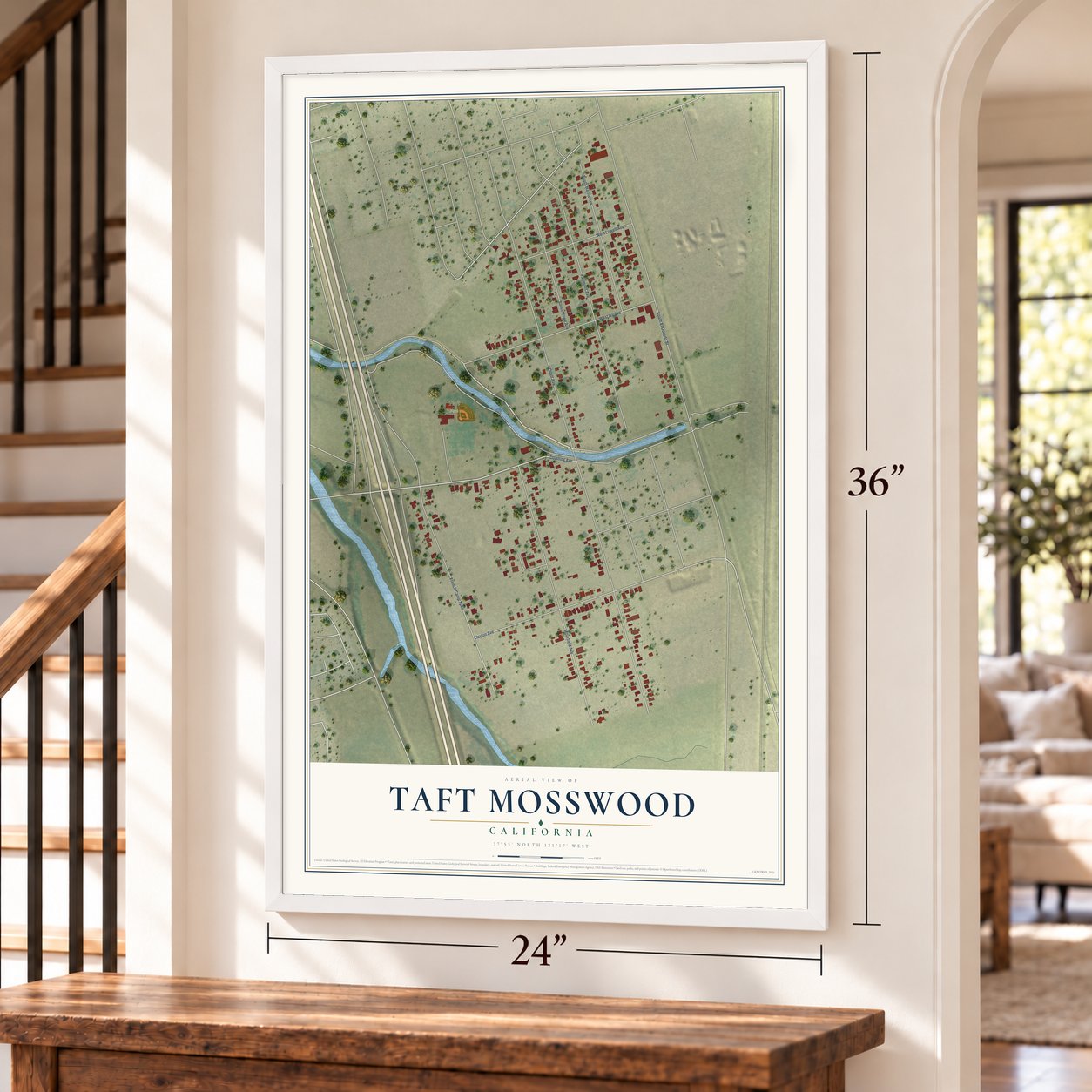 Taft Mosswood, California map, 24 x 36 inch print in a white frame by a staircase