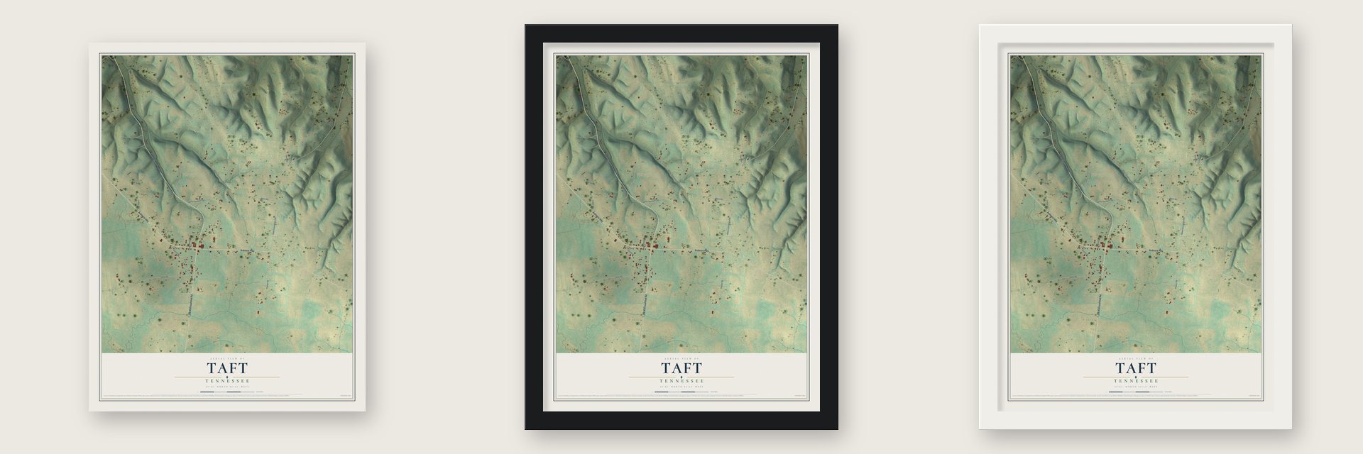 Taft, Tennessee map unframed, in a black wood frame and in a white wood frame