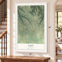 Taft, Tennessee map, 24 x 36 inch print in a white frame by a staircase