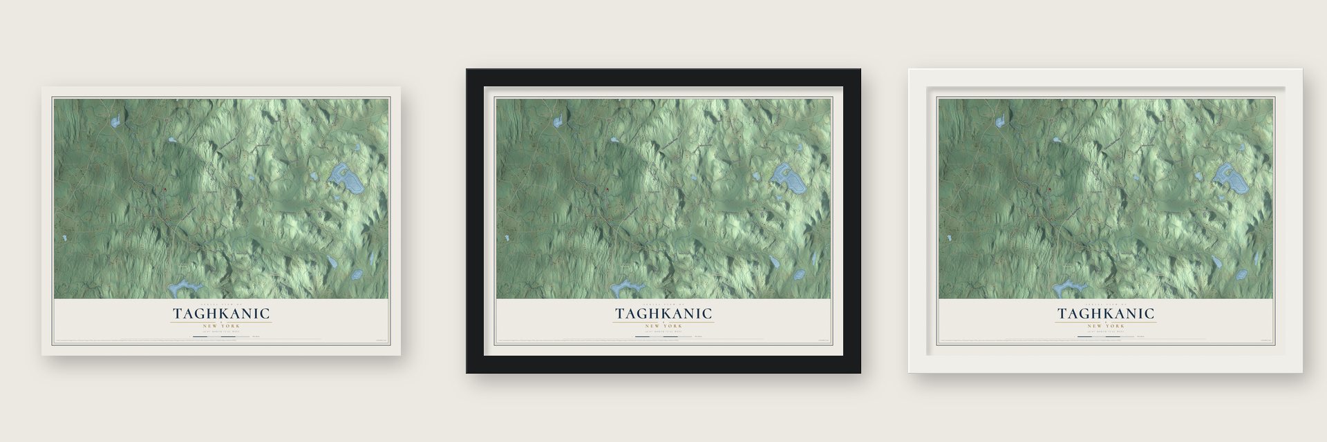 Taghkanic, New York map unframed, in a black wood frame and in a white wood frame
