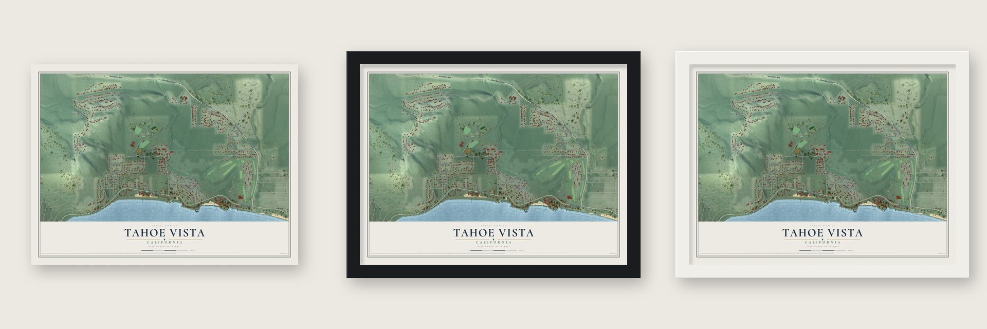Tahoe Vista, California map unframed, in a black wood frame and in a white wood frame
