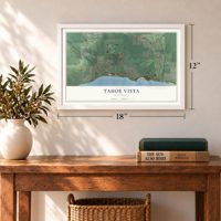 Tahoe Vista, California map, 12 x 18 inch print in a white frame in an entryway