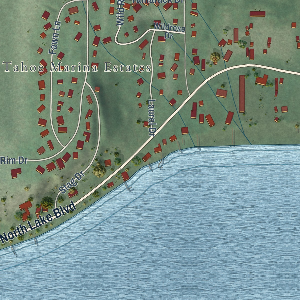 Second close-up of the map of Tahoe Vista, California print showing more streets and buildings