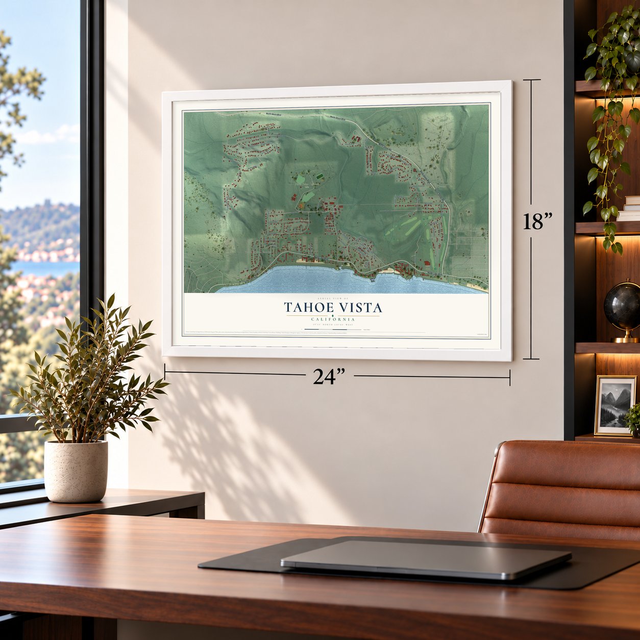 Tahoe Vista, California map, 18 x 24 inch print in a white frame in a home office