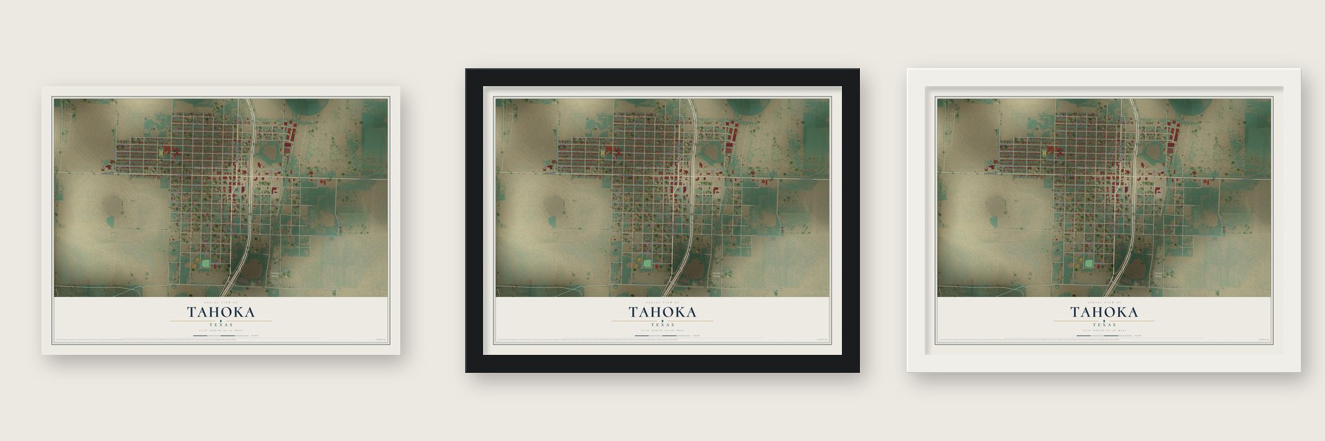 Tahoka, Texas map unframed, in a black wood frame and in a white wood frame