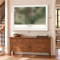 Tahoka, Texas map, 24 x 36 inch print in a white frame above a dresser by a staircase