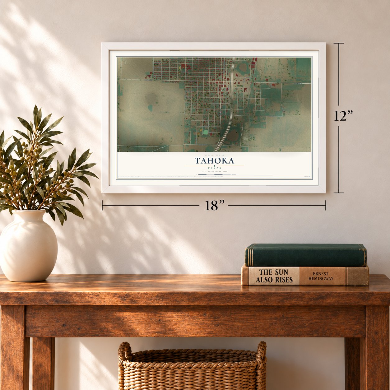 Tahoka, Texas map, 12 x 18 inch print in a white frame in an entryway