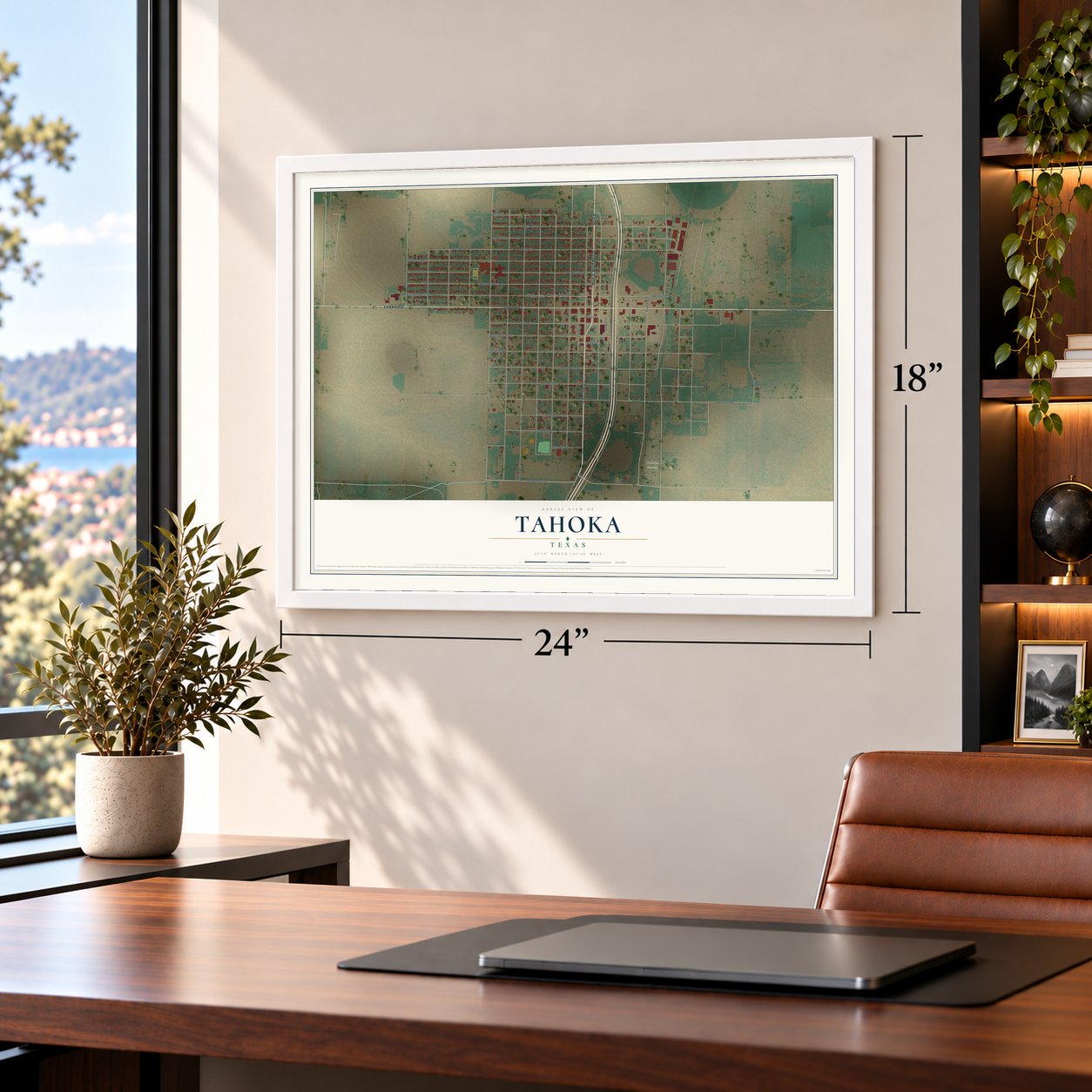 Tahoka, Texas map, 18 x 24 inch print in a white frame in a home office