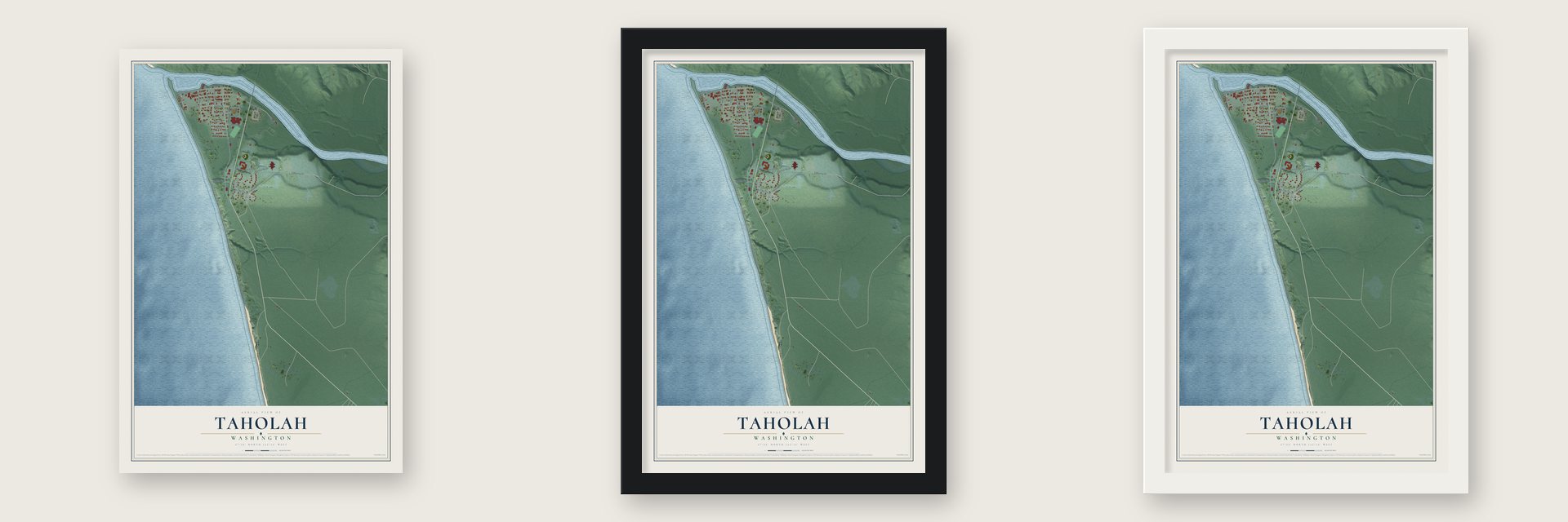 Taholah, Washington map unframed, in a black wood frame and in a white wood frame
