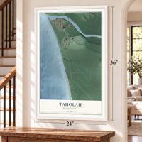 Taholah, Washington map, 24 x 36 inch print in a white frame by a staircase