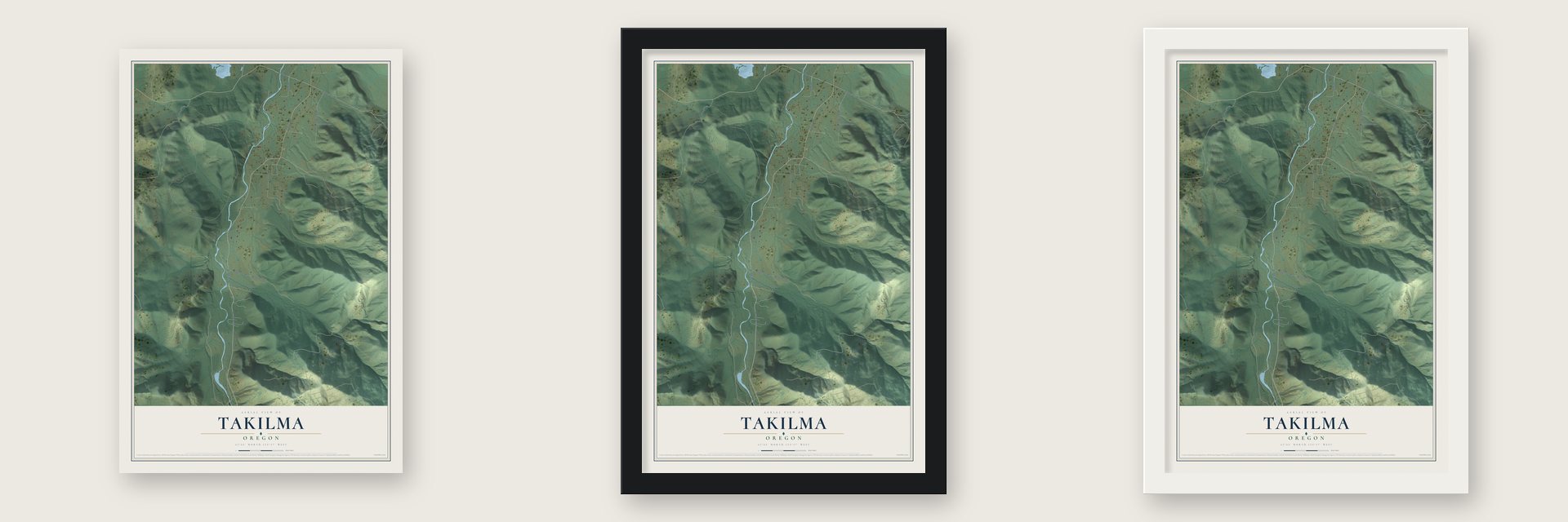 Takilma, Oregon map unframed, in a black wood frame and in a white wood frame