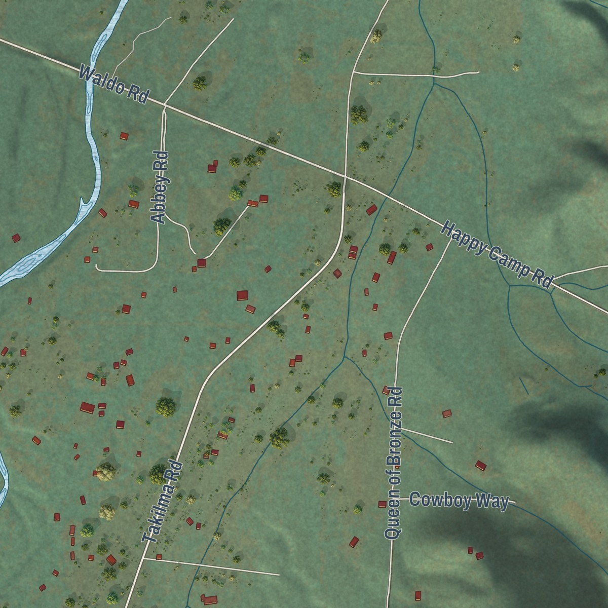 Second close-up of the map of Takilma, Oregon print showing more streets and buildings