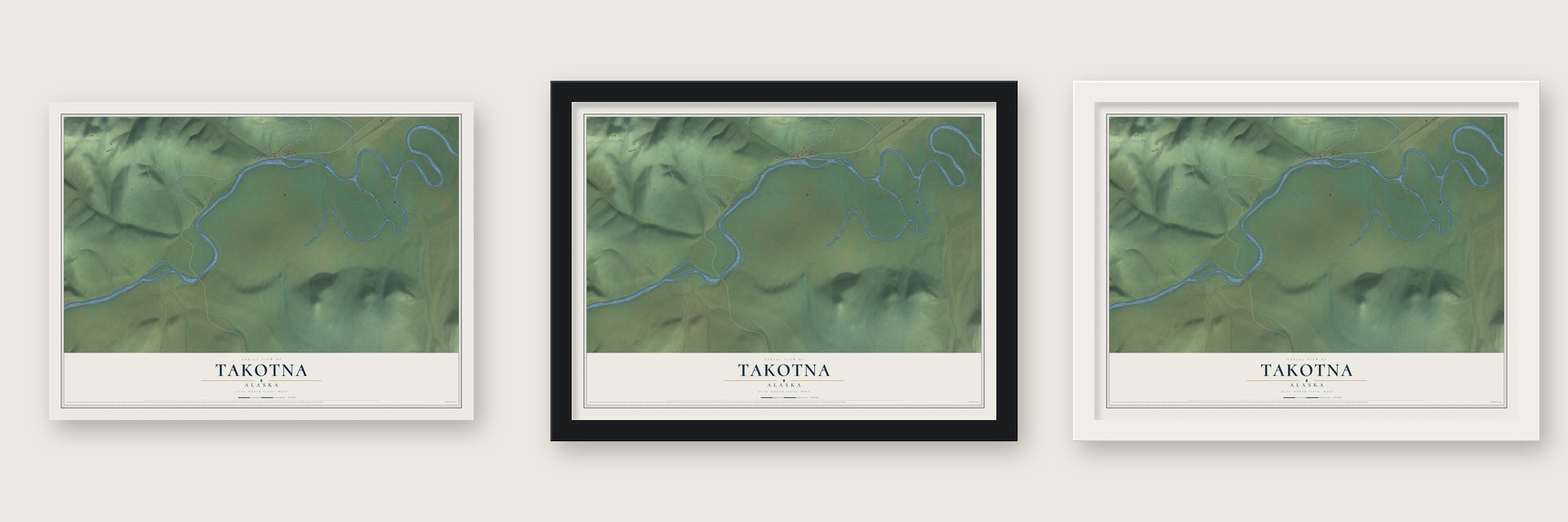 Takotna, Alaska map unframed, in a black wood frame and in a white wood frame