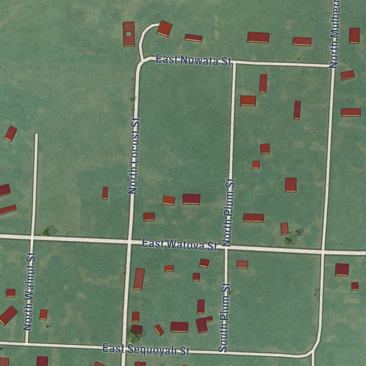 Second close-up of the map of Talala, Oklahoma print showing more streets and buildings