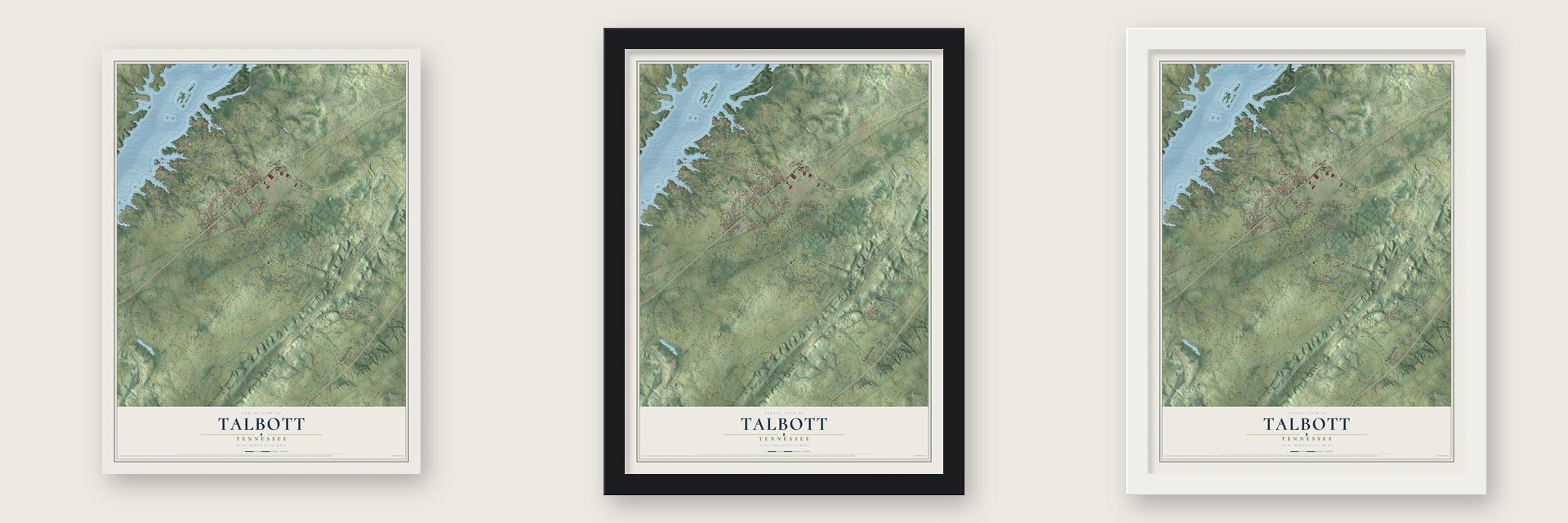 Talbott, Tennessee map unframed, in a black wood frame and in a white wood frame