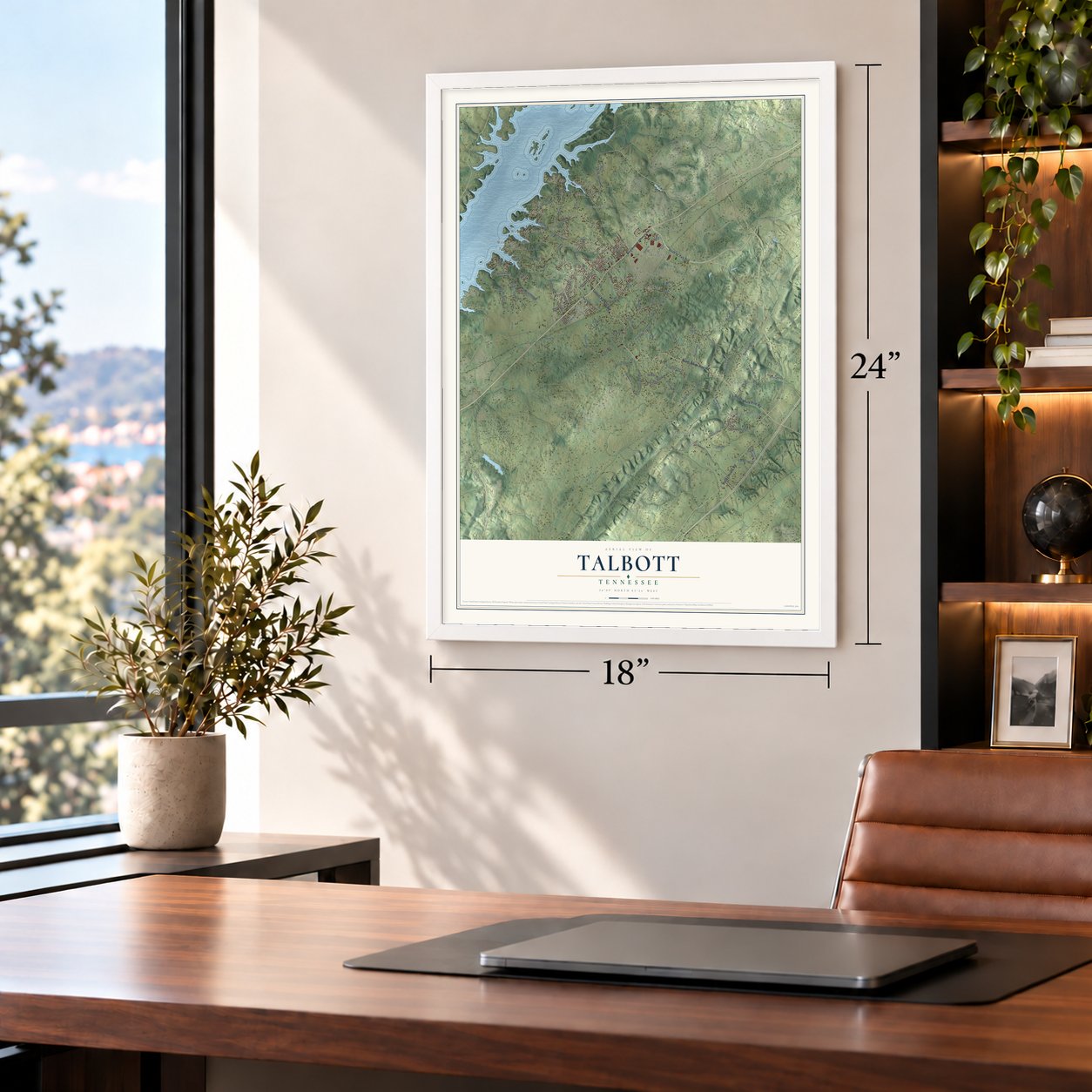 Talbott, Tennessee map, 18 x 24 inch print in a white frame in a home office