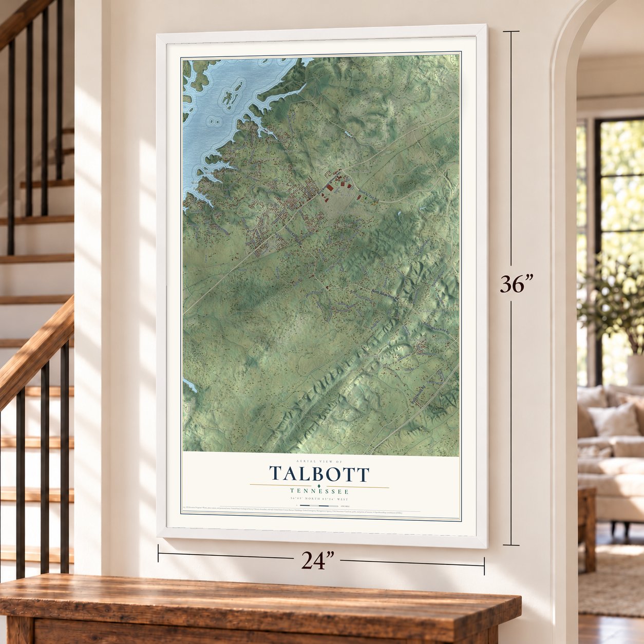Talbott, Tennessee map, 24 x 36 inch print in a white frame by a staircase