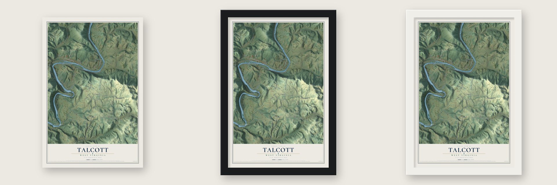Talcott, West Virginia map unframed, in a black wood frame and in a white wood frame