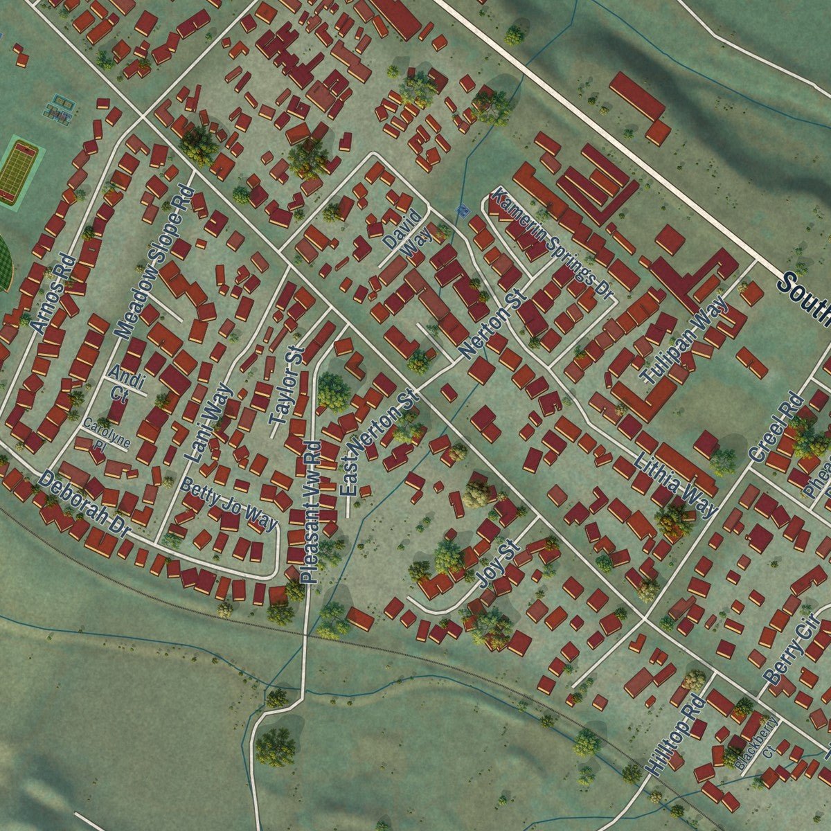 Second close-up of the map of Talent, Oregon print showing more streets and buildings