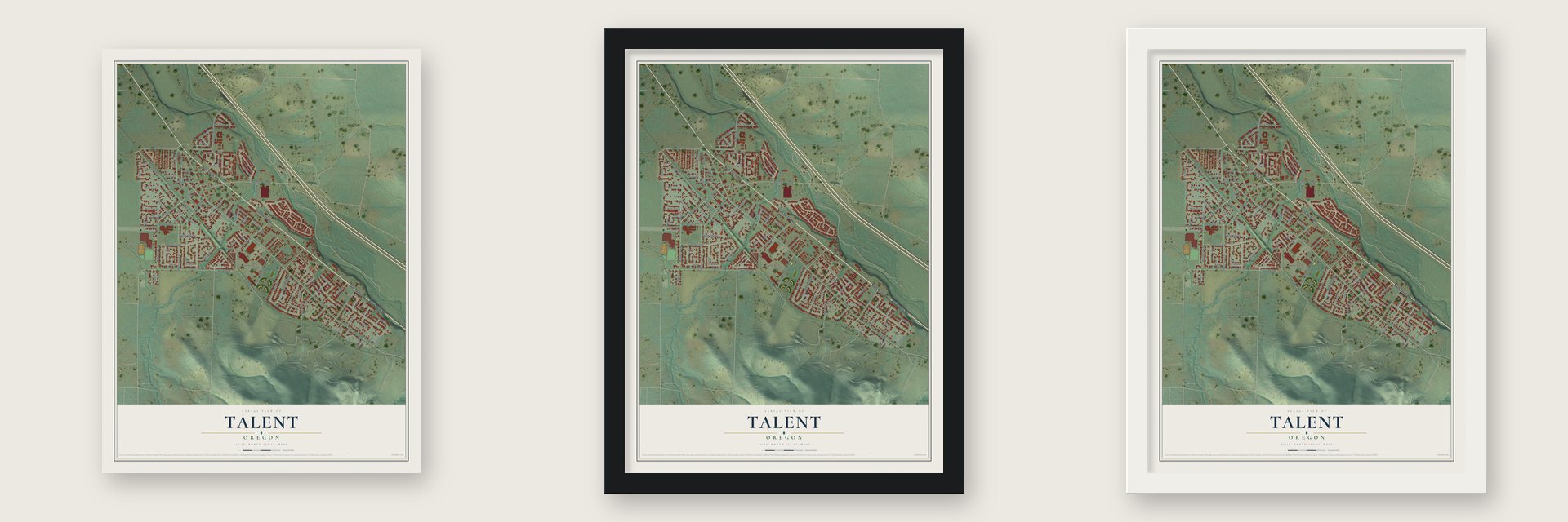Talent, Oregon map unframed, in a black wood frame and in a white wood frame