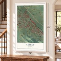 Talent, Oregon map, 24 x 36 inch print in a white frame by a staircase