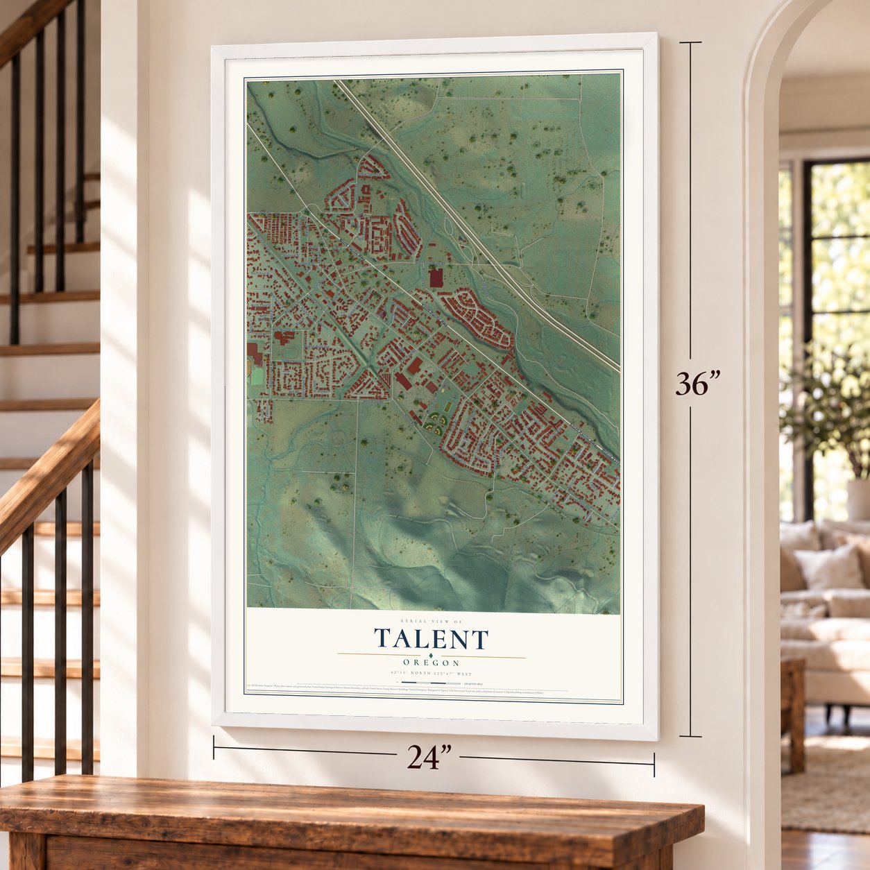 Talent, Oregon map, 24 x 36 inch print in a white frame by a staircase