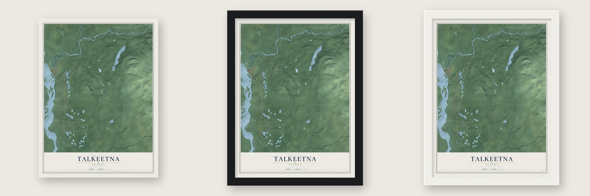 Talkeetna, Alaska map unframed, in a black wood frame and in a white wood frame