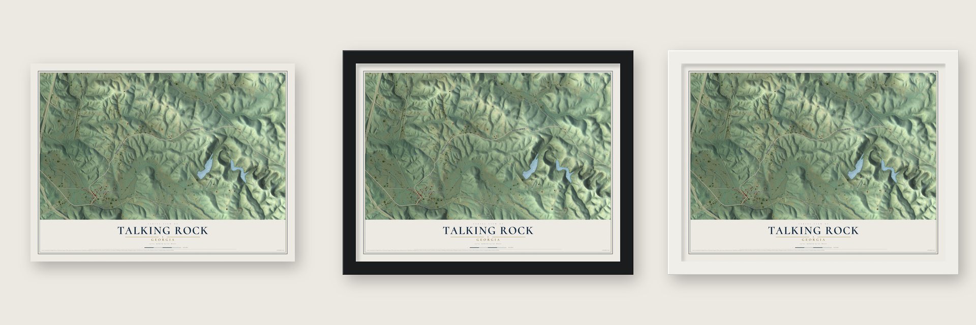 Talking Rock, Georgia map unframed, in a black wood frame and in a white wood frame