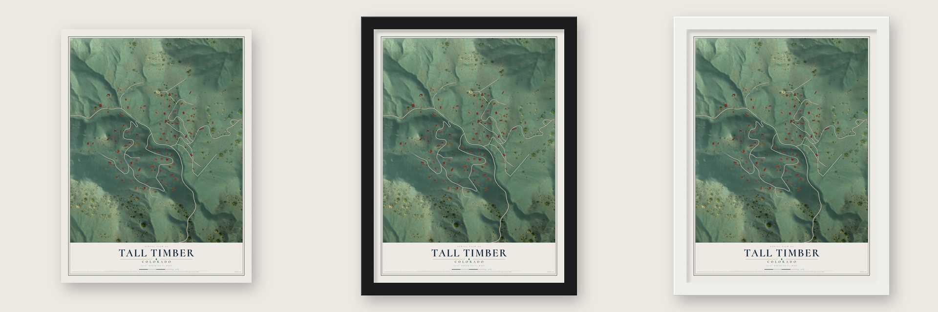 Tall Timber, Colorado map unframed, in a black wood frame and in a white wood frame