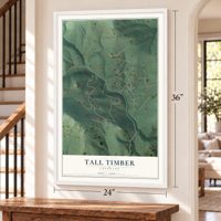 Tall Timber, Colorado map, 24 x 36 inch print in a white frame by a staircase