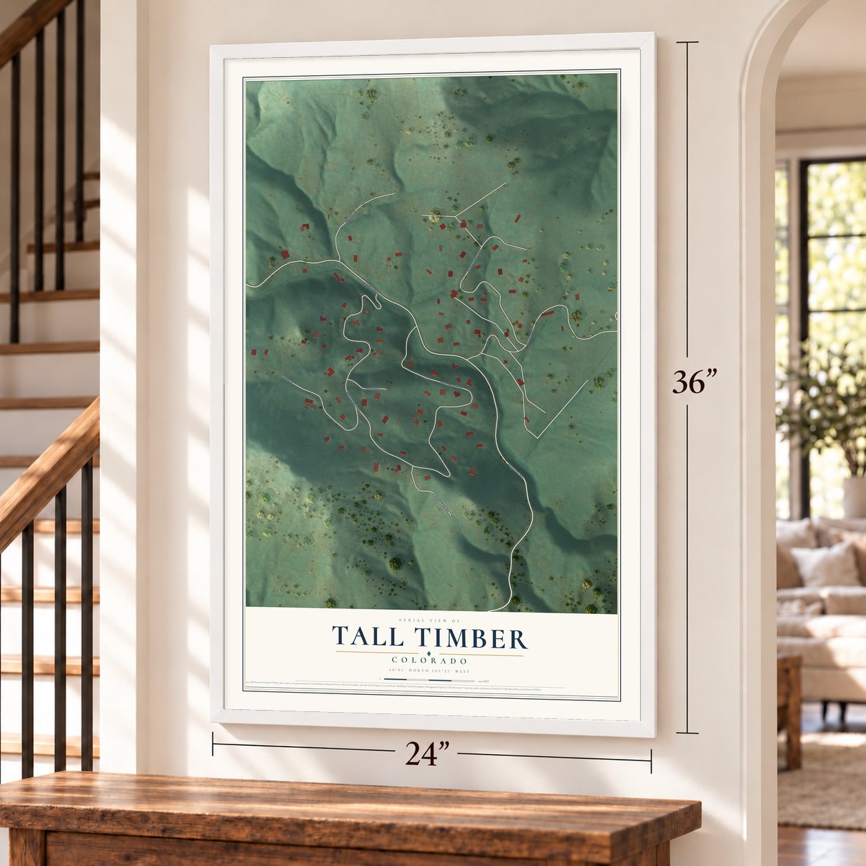 Tall Timber, Colorado map, 24 x 36 inch print in a white frame by a staircase