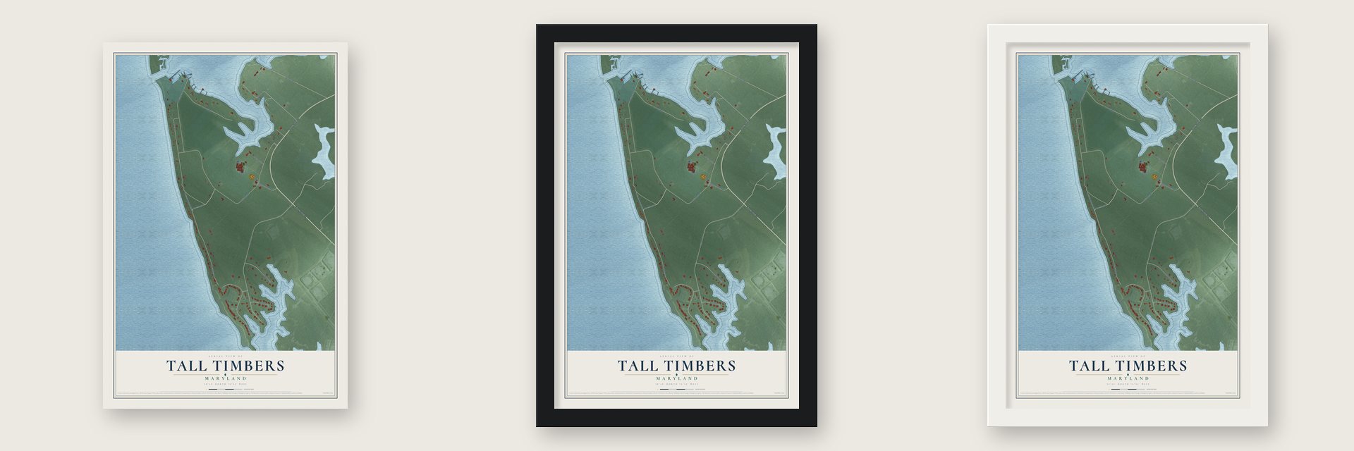 Tall Timbers, Maryland map unframed, in a black wood frame and in a white wood frame