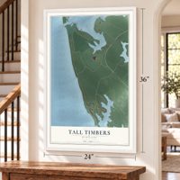 Tall Timbers, Maryland map, 24 x 36 inch print in a white frame by a staircase
