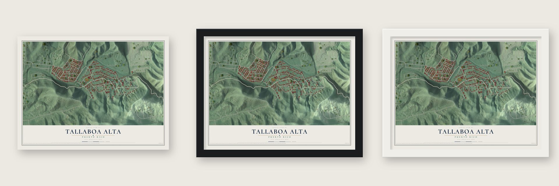 Tallaboa Alta, Puerto Rico map unframed, in a black wood frame and in a white wood frame
