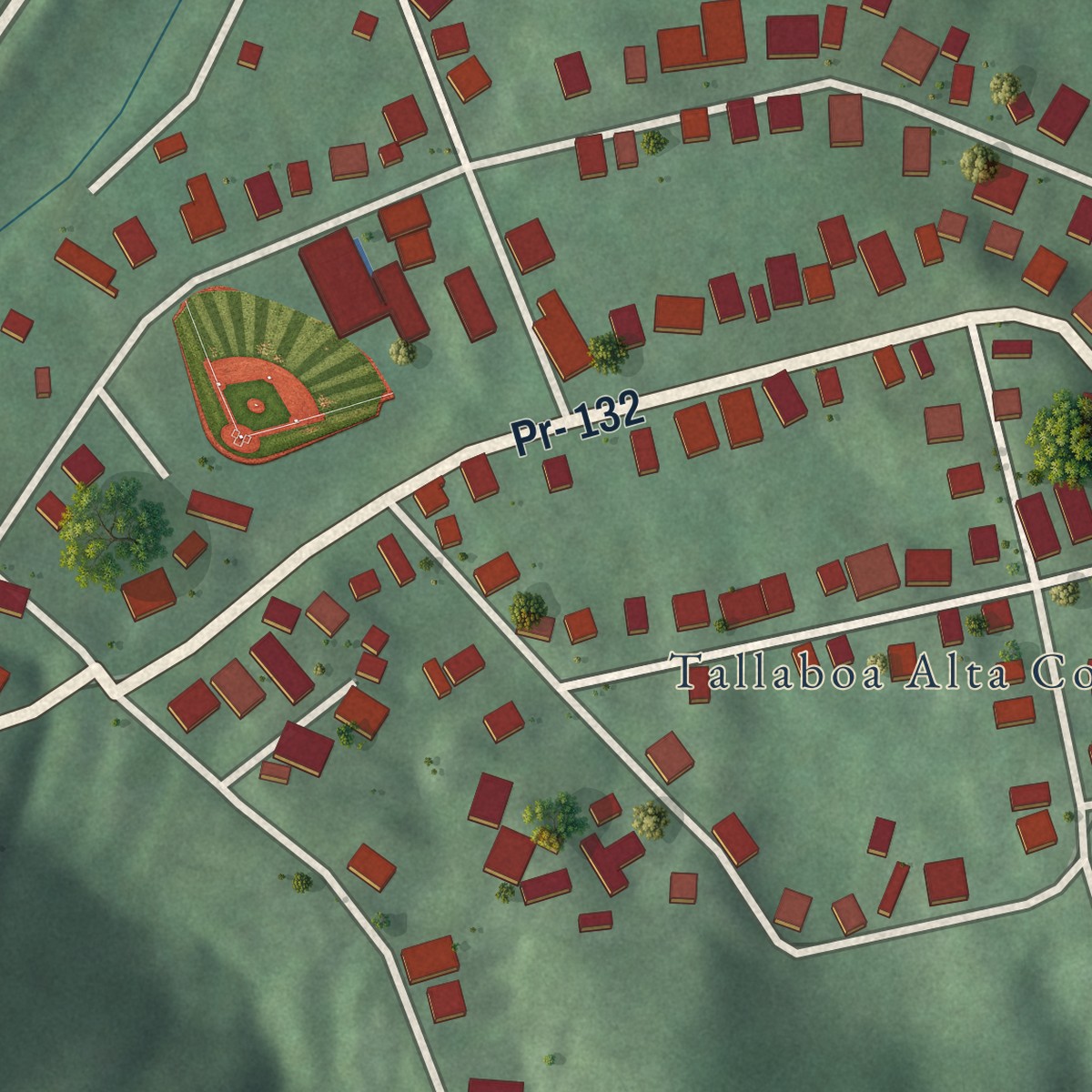 Second close-up of the map of Tallaboa Alta, Puerto Rico print showing more streets and buildings