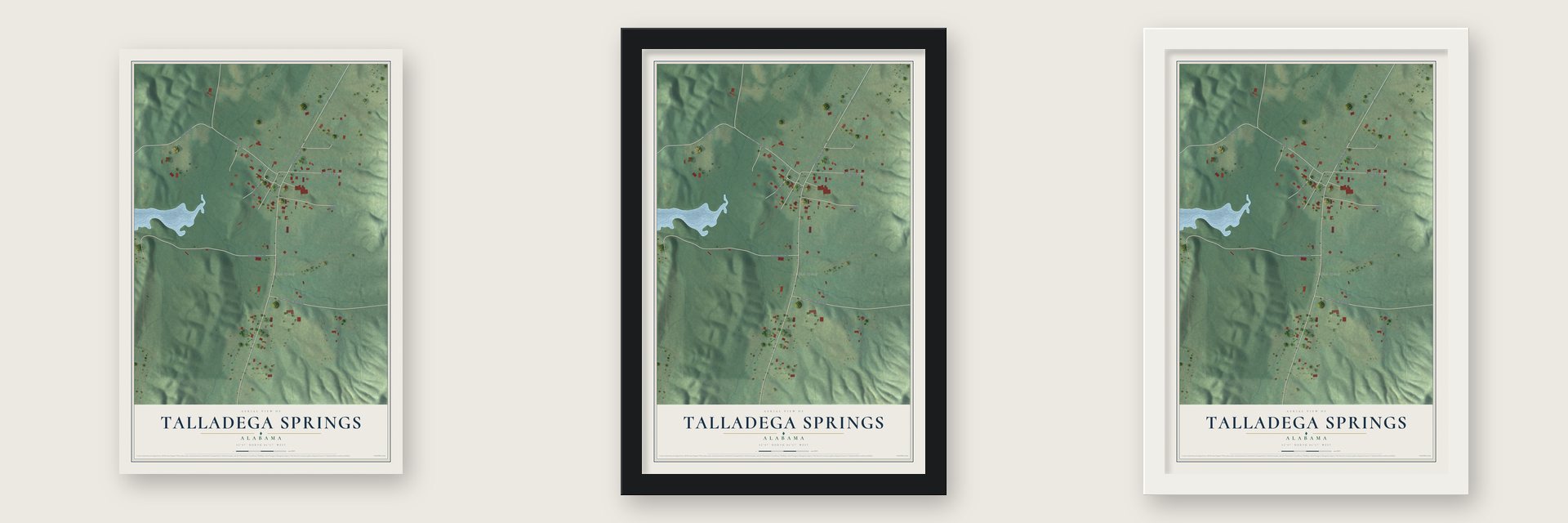 Talladega Springs, Alabama map unframed, in a black wood frame and in a white wood frame