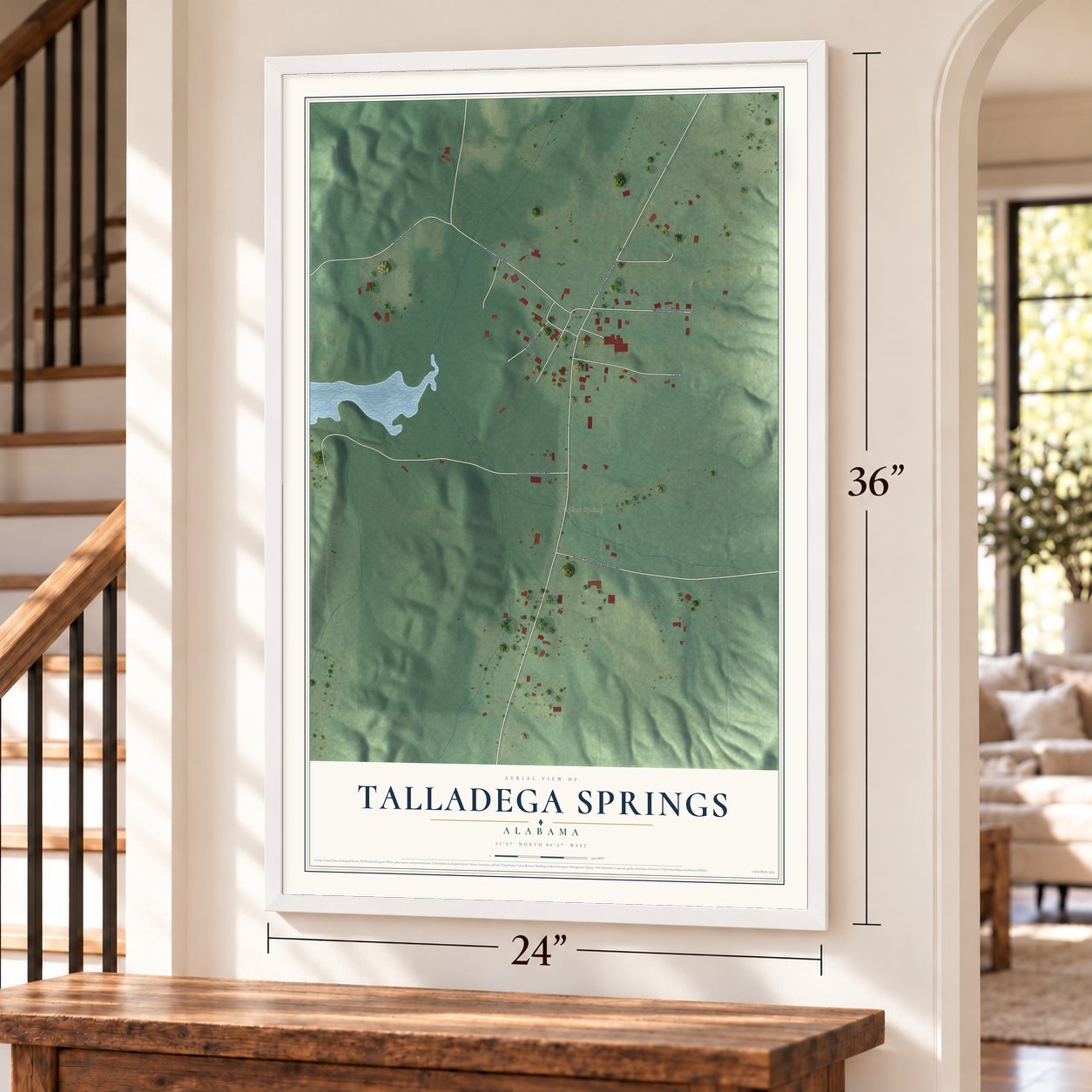 Talladega Springs, Alabama map, 24 x 36 inch print in a white frame by a staircase