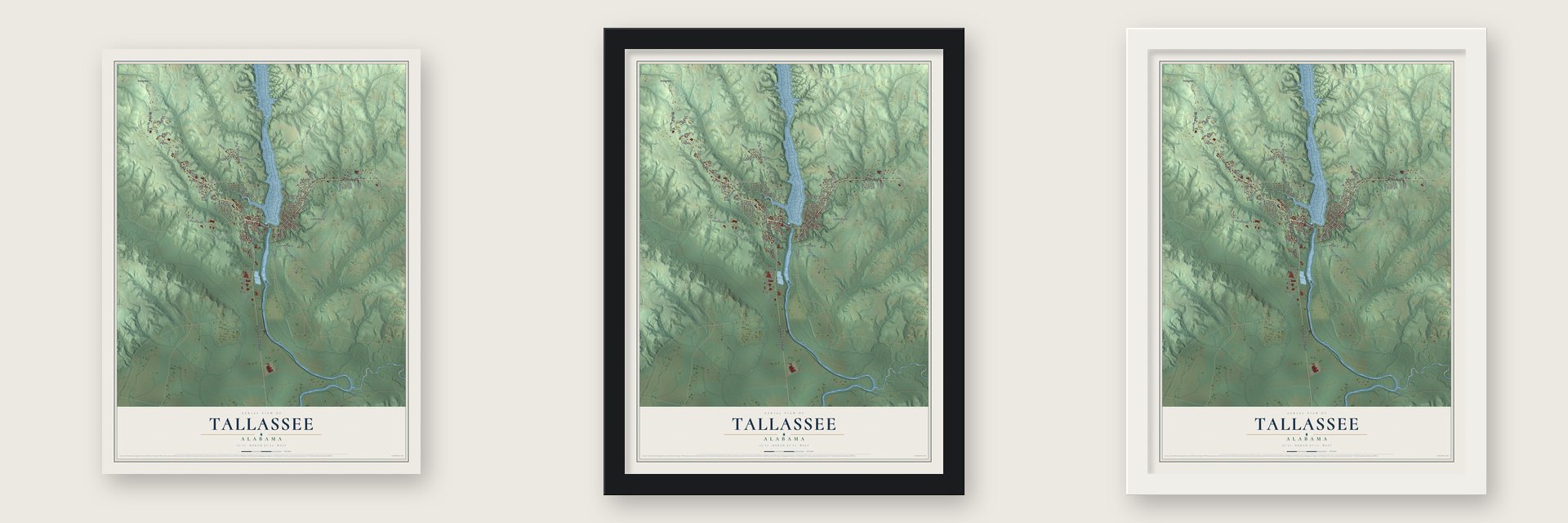 Tallassee, Alabama map unframed, in a black wood frame and in a white wood frame