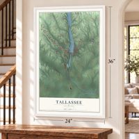 Tallassee, Alabama map, 24 x 36 inch print in a white frame by a staircase