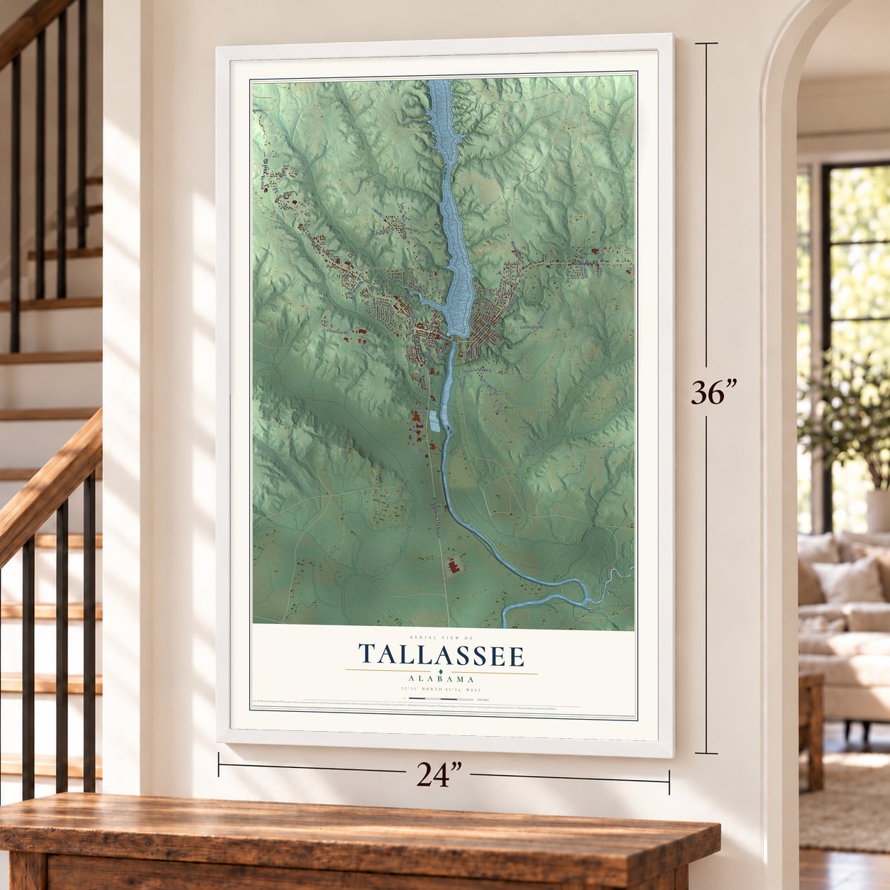 Tallassee, Alabama map, 24 x 36 inch print in a white frame by a staircase