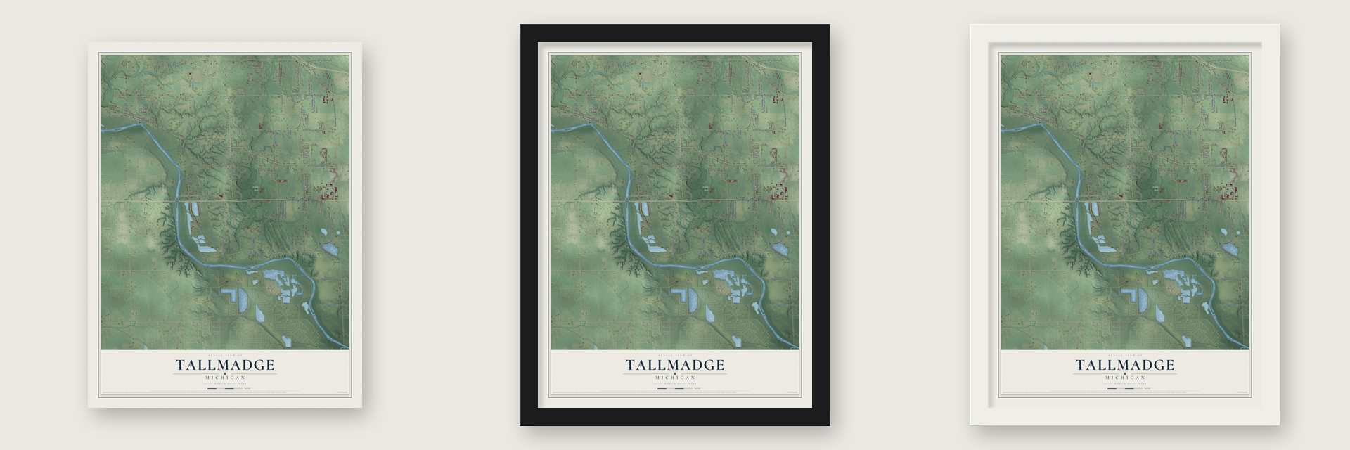 Tallmadge, Michigan map unframed, in a black wood frame and in a white wood frame