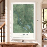 Tallmadge, Michigan map, 24 x 36 inch print in a white frame by a staircase