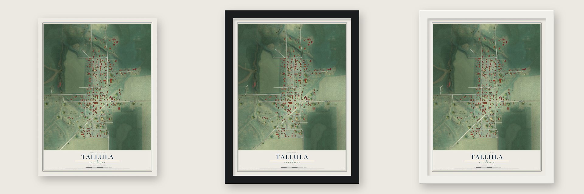 Tallula, Illinois map unframed, in a black wood frame and in a white wood frame