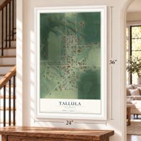 Tallula, Illinois map, 24 x 36 inch print in a white frame by a staircase