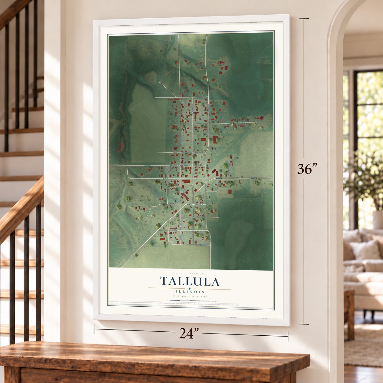 Tallula, Illinois map, 24 x 36 inch print in a white frame by a staircase