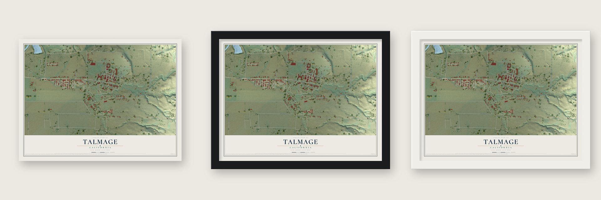 Talmage, California map unframed, in a black wood frame and in a white wood frame
