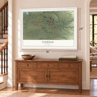 Talmage, California map, 24 x 36 inch print in a white frame above a dresser by a staircase