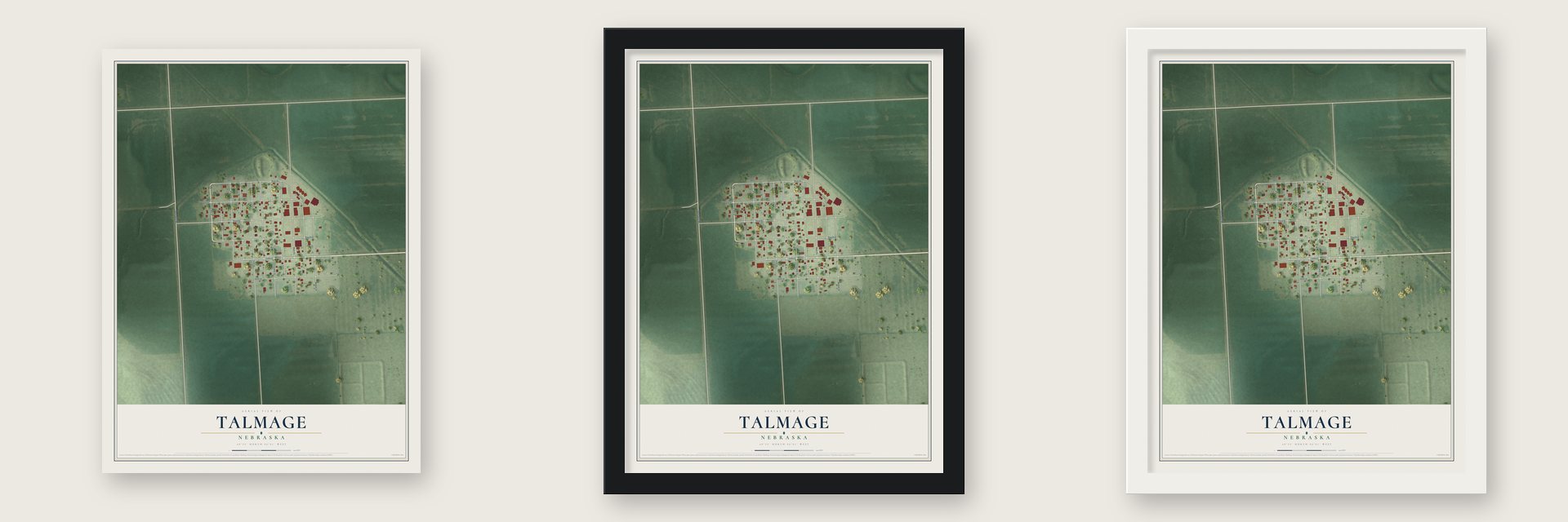Talmage, Nebraska map unframed, in a black wood frame and in a white wood frame