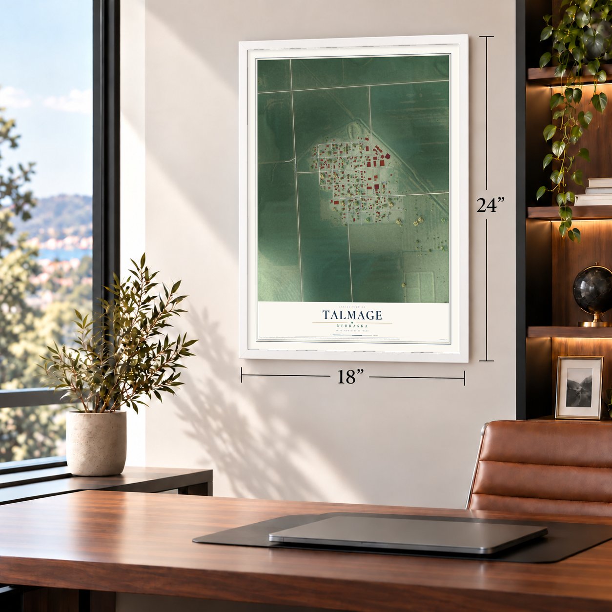 Talmage, Nebraska map, 18 x 24 inch print in a white frame in a home office