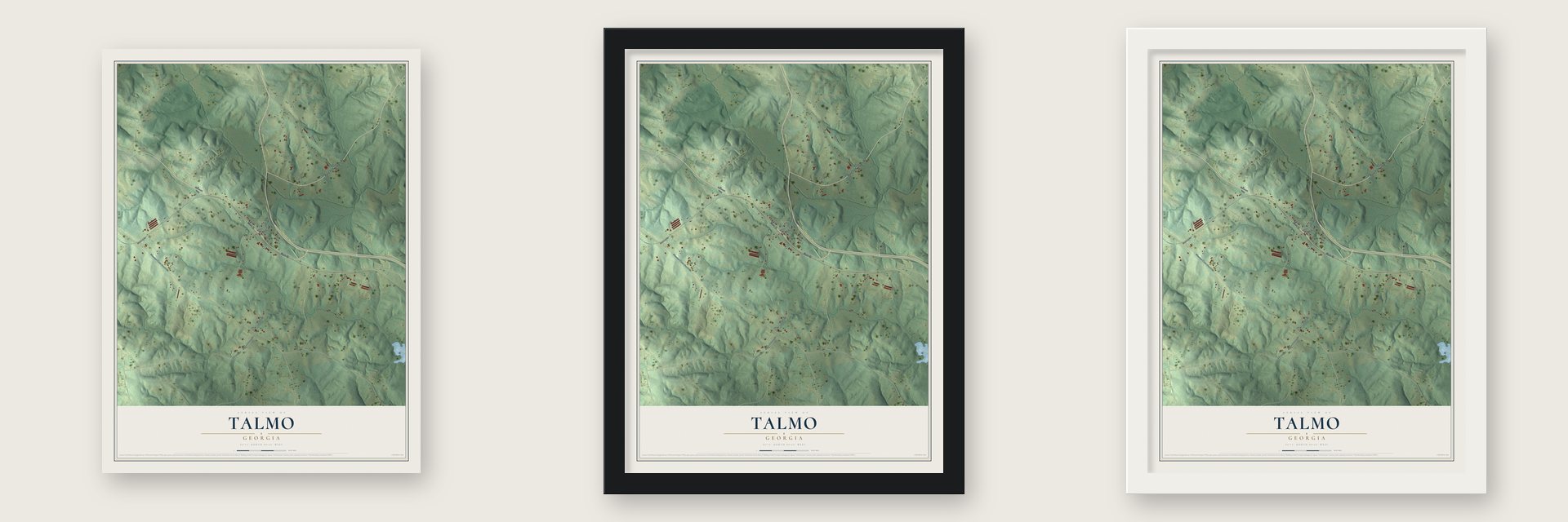 Talmo, Georgia map unframed, in a black wood frame and in a white wood frame